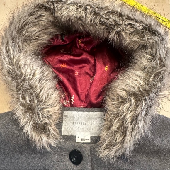 Cooperative Hooded Wool Blend Trench Coat Faux Fur Trim Women’s Size Medium - Picture 3 of 12